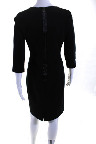 Elie Tahari Womens Navy Leather Trim Crew Neck 3/4 Sleeve Shift Dress Size 4