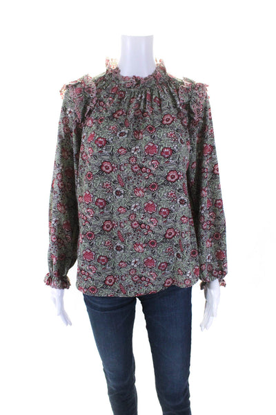 La Vie Women's High Neck Ruffle Long Sleeves Embroidered Floral Blouse Size XS