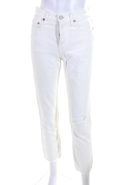 Trave Womens Constance Mid Rise Distressed Slim Leg Jeans Pants White Size 24