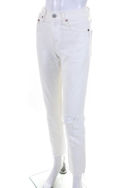 Trave Womens Constance Mid Rise Distressed Slim Leg Jeans Pants White Size 24