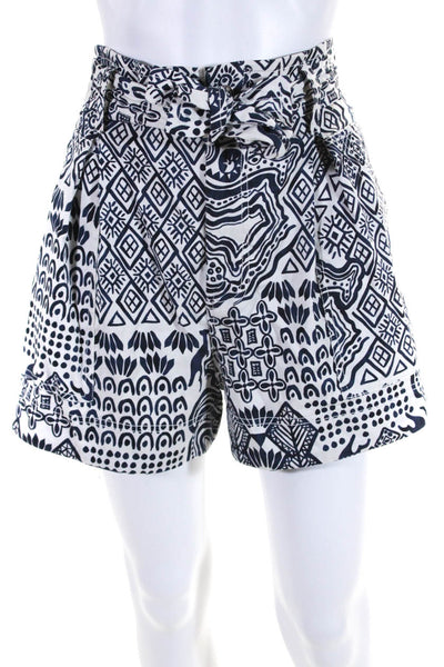 Chufy Womens High Waist Abstract Scribble Belted Twill Shorts White Navy Small