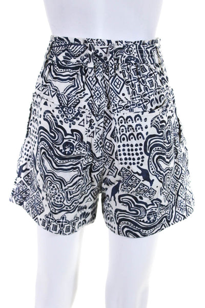 Chufy Womens High Waist Abstract Scribble Belted Twill Shorts White Navy Small