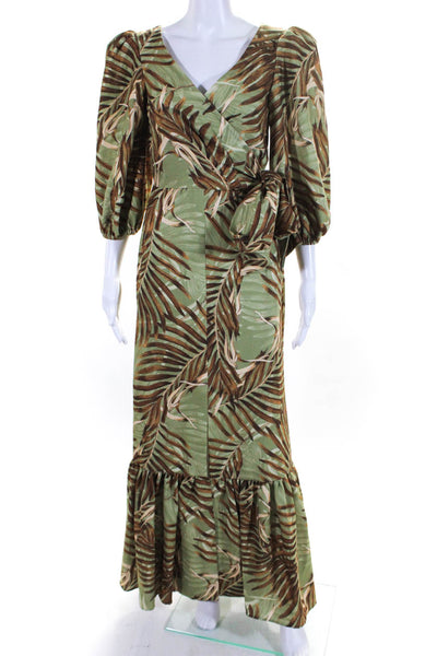 PatBO Womens Palm Print Puff Sleeve Midi A Line Dress Green Brown Size 4