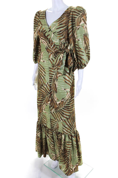 PatBO Womens Palm Print Puff Sleeve Midi A Line Dress Green Brown Size 4