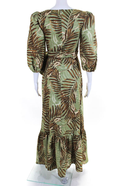 PatBO Womens Palm Print Puff Sleeve Midi A Line Dress Green Brown Size 4