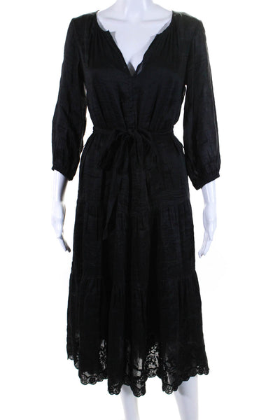 Velvet Womens Tiered Embroidered Hem Long Sleeve Y Neck Midi Dress Black Size XS