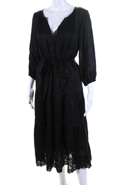 Velvet Womens Tiered Embroidered Hem Long Sleeve Y Neck Midi Dress Black Size XS