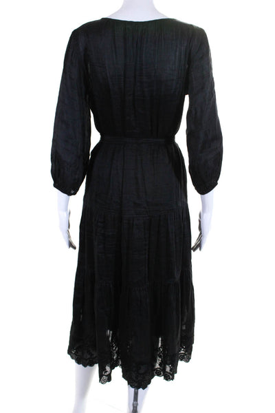 Velvet Womens Tiered Embroidered Hem Long Sleeve Y Neck Midi Dress Black Size XS