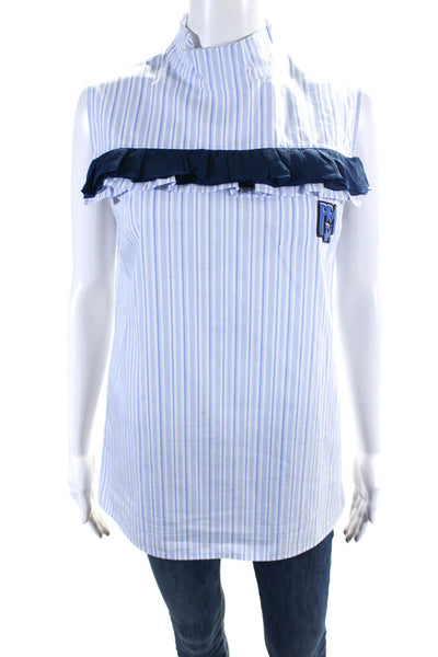 Prada Womens Blue Striped Ruffle Detail High Neck Sleeveless Blouse Top Size 42