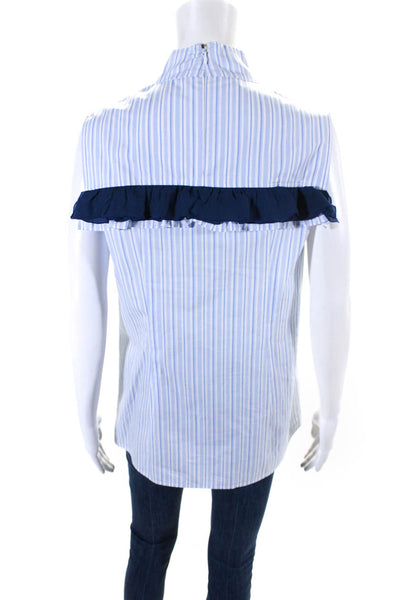 Prada Womens Blue Striped Ruffle Detail High Neck Sleeveless Blouse Top Size 42