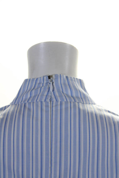 Prada Womens Blue Striped Ruffle Detail High Neck Sleeveless Blouse Top Size 42