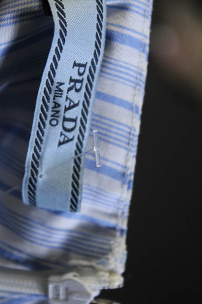 Prada Womens Blue Striped Ruffle Detail High Neck Sleeveless Blouse Top Size 42