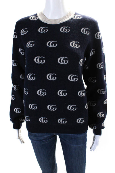 Gucci Womens Navy Wool Printed Crew Neck Long Sleeve Pullover Sweater Top Size S
