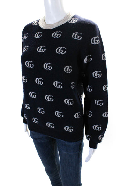 Gucci Womens Navy Wool Printed Crew Neck Long Sleeve Pullover Sweater Top Size S