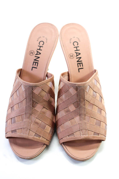 Chanel Womens Pink Beige Woven Mesh Peep Toe Heels Mules Shoes Size 8