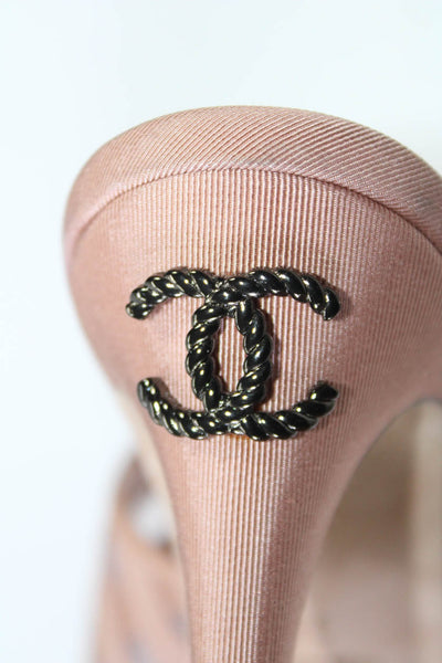 Chanel Womens Pink Beige Woven Mesh Peep Toe Heels Mules Shoes Size 8