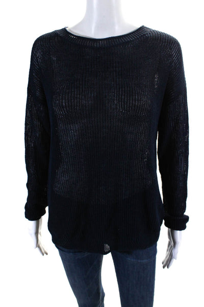 Theory Womens Long Sleeve Scoop Neck Open Knit Sweater Navy Linen Size Small