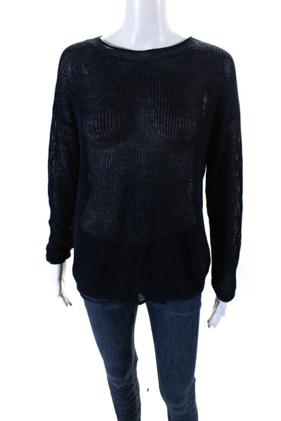 Theory Womens Long Sleeve Scoop Neck Open Knit Sweater Navy Linen Size Small