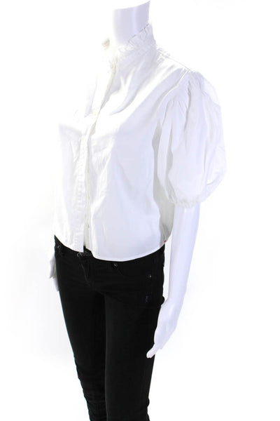 Xirena Womens Frill Neck Poplin Puff Sleeve Button Up Top Blouse White Size XS