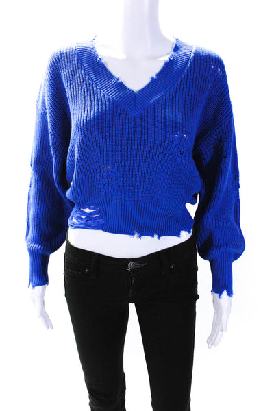 Ser.O.Ya Womens Distressed Hem V Neck Sweater Blue Cotton Size XXS