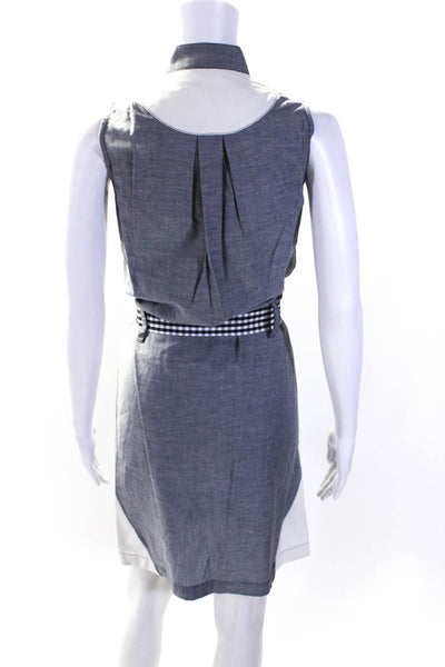 Reyes Womens Sleeveless Crew Neck Gingham Belted Dress Blue White Cotton Size XS