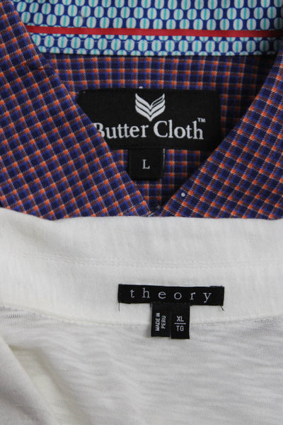 Theory Butter Cloth Mens Collared Button Front Shirts White Blue Large XL Lot 2