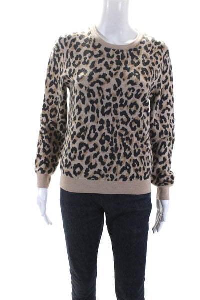 J Crew Womens Animal Leopard Print Crew Neck Sweater Beige Black Wool Size Small