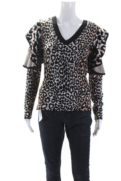 Rachel Rachel Roy Womens Animal Print Ruffled Sweater Brown Black Size Small