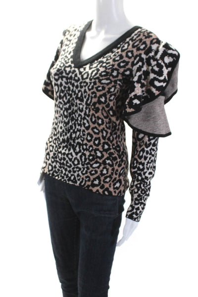 Rachel Rachel Roy Womens Animal Print Ruffled Sweater Brown Black Size Small