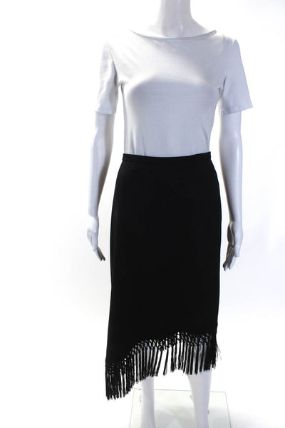 Escada Womens Solid Black Wool Fringe Detail Asymmetric Midi Skirt Size 38