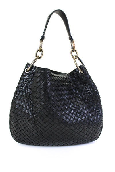 Bottega Veneta Womens Black Woven Intercciato Leather Hobo Bag Handbag