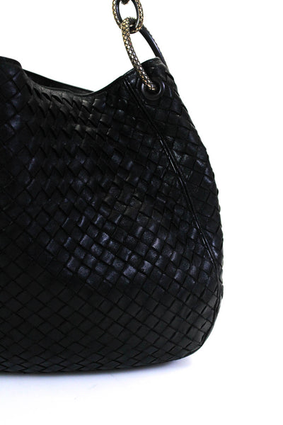 Bottega Veneta Womens Black Woven Intercciato Leather Hobo Bag Handbag