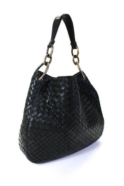 Bottega Veneta Womens Black Woven Intercciato Leather Hobo Bag Handbag