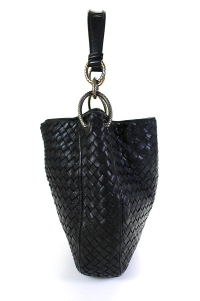 Bottega Veneta Womens Black Woven Intercciato Leather Hobo Bag Handbag