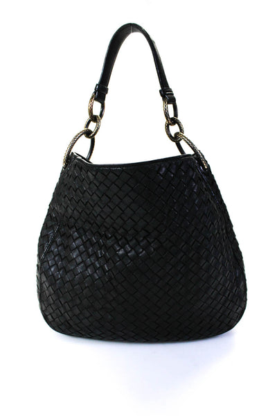 Bottega Veneta Womens Black Woven Intercciato Leather Hobo Bag Handbag