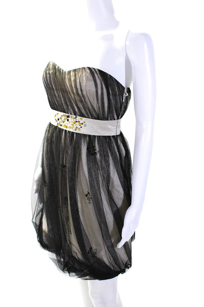 Phoebe Couture Womens Strapless Tulle Overlay Crystal Dress Black White Size 2