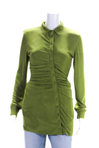 With Jean Womens Button Front Collared Ruched Knit Shirt Green Size Extra Small