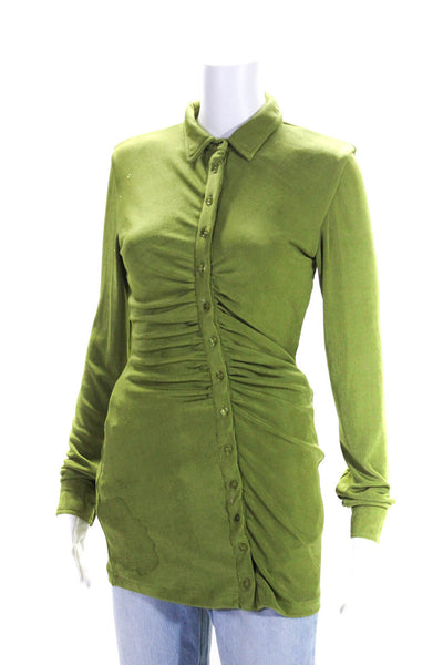 With Jean Womens Button Front Collared Ruched Knit Shirt Green Size Extra Small