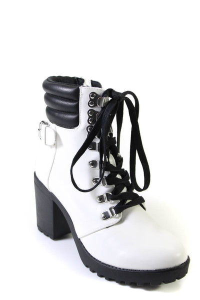 MIA Womens Lug Sole Block Heel Lace Up Combat Boots Black White Size 7