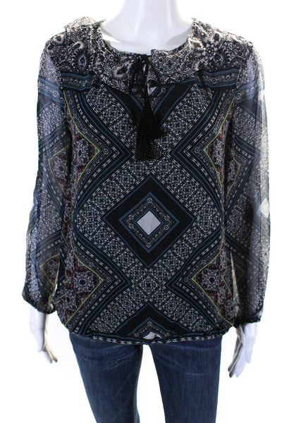 Ella Moss Womens Paisley Mandala Long Sleeve Y Neck Top Blouse Black Size Medium