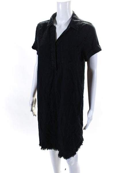 Little Gem Womens Short Sleeve Chambray Collared Raw Hem Shift Dress Black Small