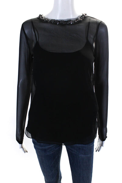 Robert Rodriguez Womens Silk Long Sleeve Sheer Beaded Trim Blouse Black Size 2