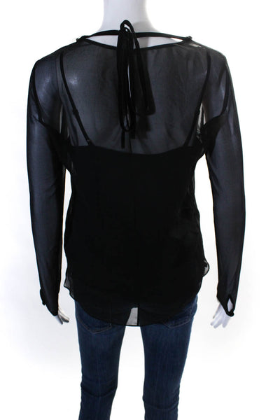 Robert Rodriguez Womens Silk Long Sleeve Sheer Beaded Trim Blouse Black Size 2