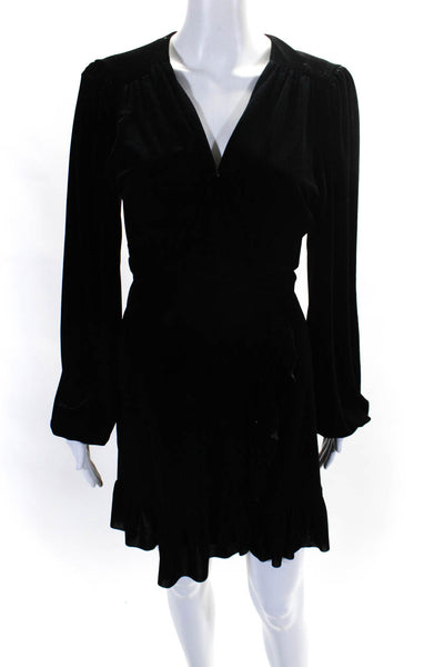 Misa Womens Velvet Long Sleeve V Neck Braided Ruffle Wrap Dress Black Size M