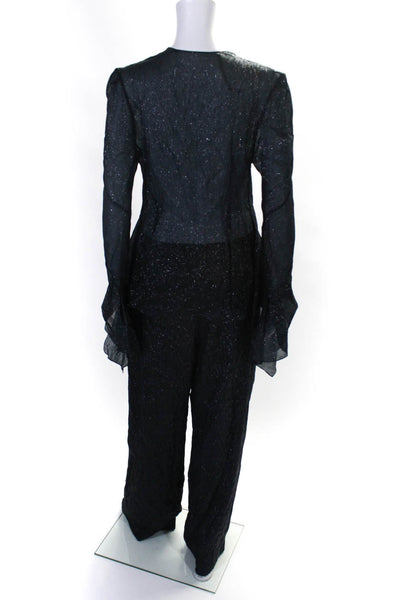 Roland Mouret Womens Black Ruffle V-Neck Long Sleeve Blouse Pants Set Size 6 8