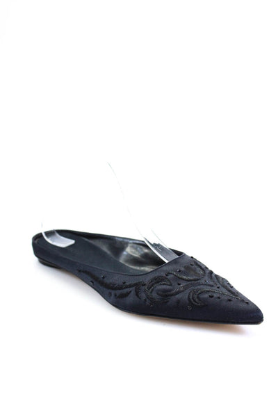 Frette Womens Black Embroidered Bedazzled Flat Mules Shoes Size 9