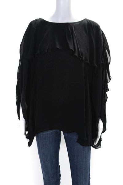 IRO Womens Black Crew Neck Ruffle Short Sleeve Oversized Blouse Top Size 38