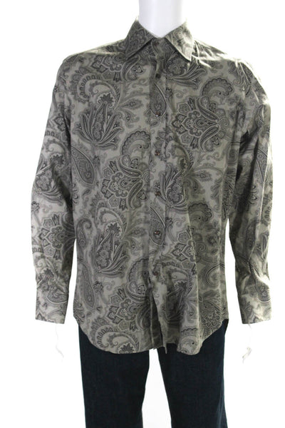 Etro Mens Gray Paisley Print Collar Long Sleeve Button Down Dress Shirt Size 41