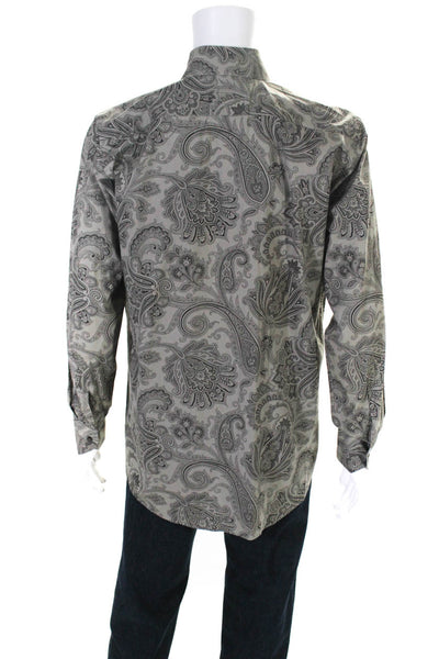 Etro Mens Gray Paisley Print Collar Long Sleeve Button Down Dress Shirt Size 41