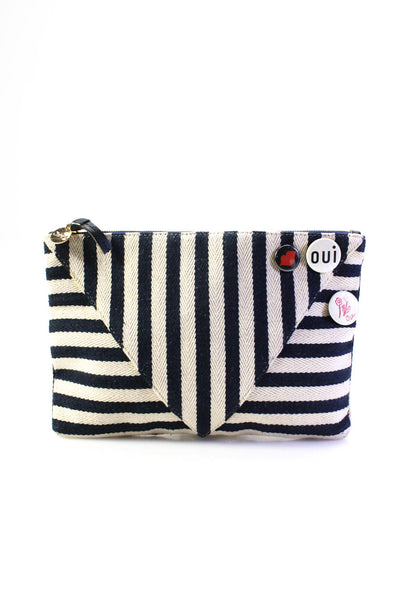 Clare V Womens Striped Canvas Button Embellished Clutch Pouch Handbag Navy White